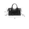 Black saddle-shaped PU leather city tote bag shown with dimension lines.