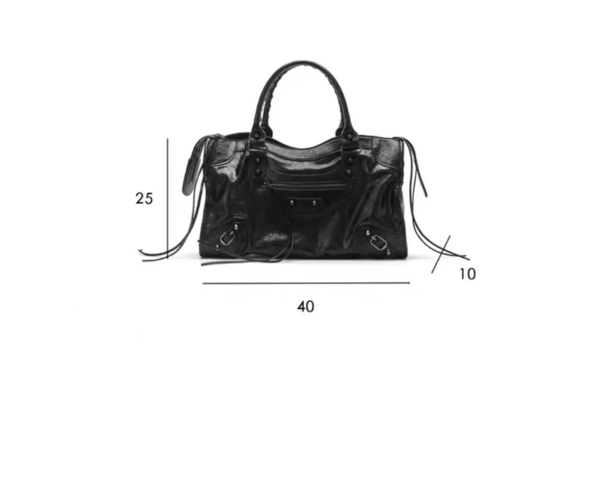 Black saddle-shaped PU leather city tote bag shown with dimension lines.