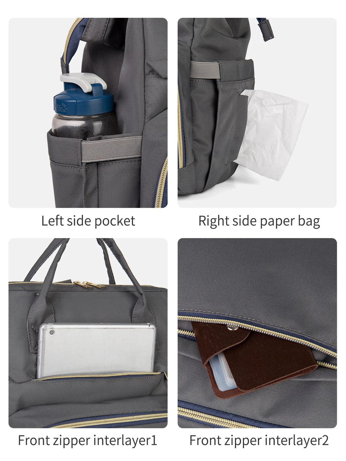 Verschiedene Ansichten einer grauen Mutterschaftswindel und Stilltasche mit Taschen, Papierbeutel und Innenfächern.