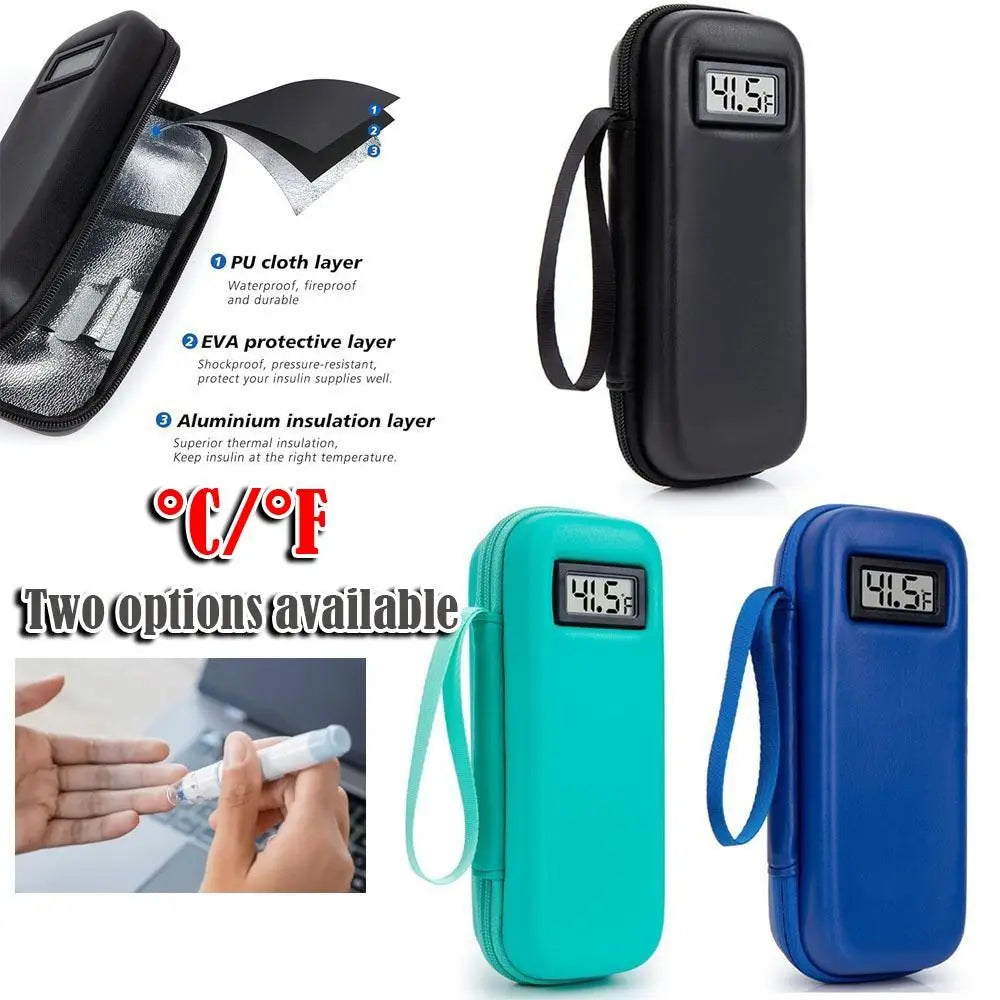 Estuche de viaje para insulina con monitor de temperatura, disponible en opciones negras y azules con capas protectoras