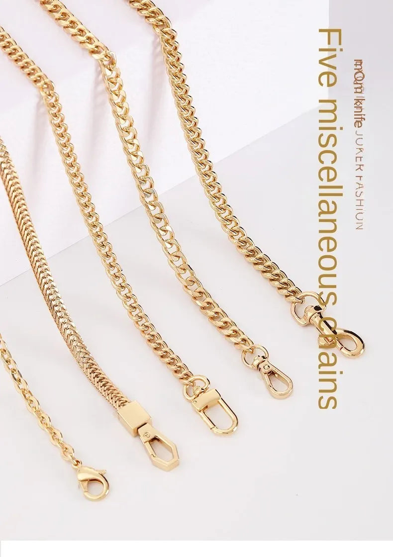 Five miscellaneous gold chain links used as bag straps for handbags and crossbody bags