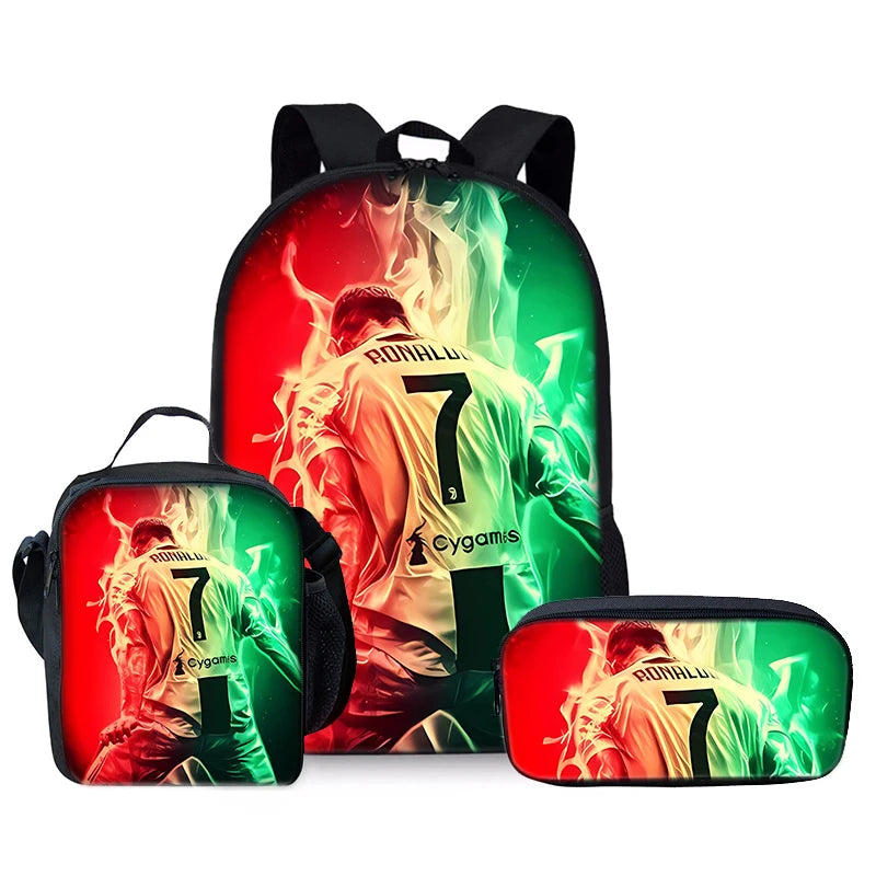 A set of three football player themed cartoon backpacks featuring a red and green color scheme.