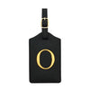 Black PU leather luggage tag with a gold letter O and a metal loop for attachment