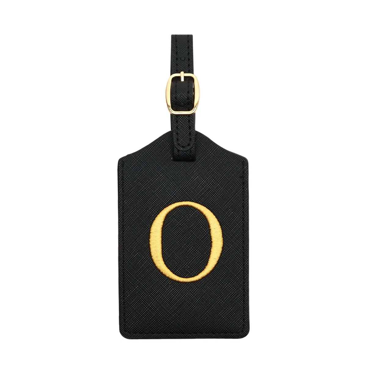 Black PU leather luggage tag with a gold letter O and a metal loop for attachment