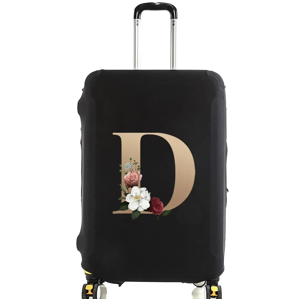 Black premium elastic luggage protective cover with a gold initial D and floral accents