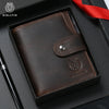 A dark brown genuine leather men's business wallet with a fold-over design and a red ribbon visible.