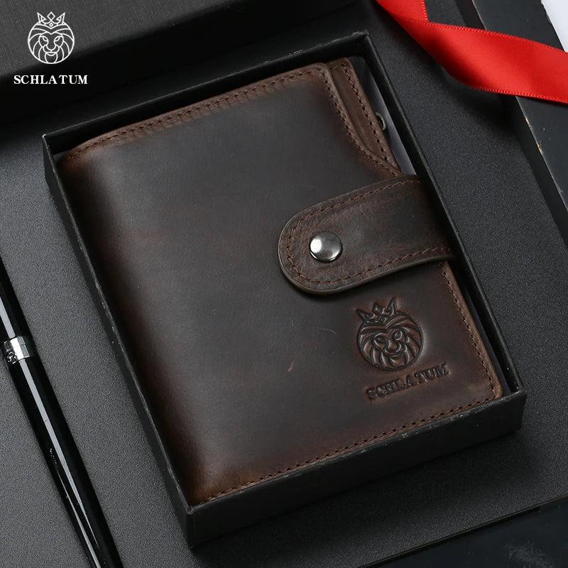 A dark brown genuine leather men's business wallet with a fold-over design and a red ribbon visible.