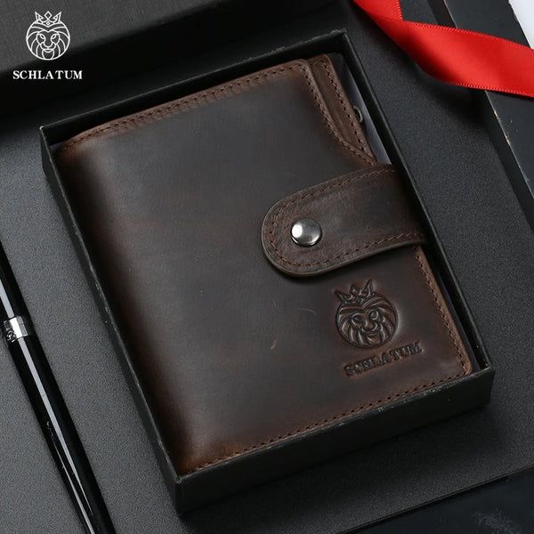 A dark brown genuine leather men's business wallet with a fold-over design and a red ribbon visible.