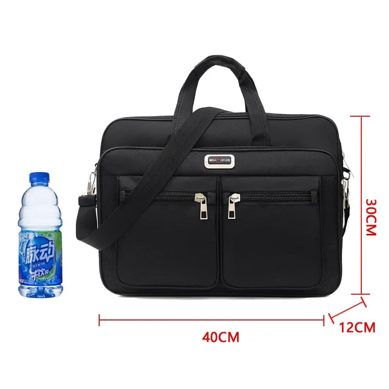 Black men's durable oxford briefcase with dual compartments and carrying strap