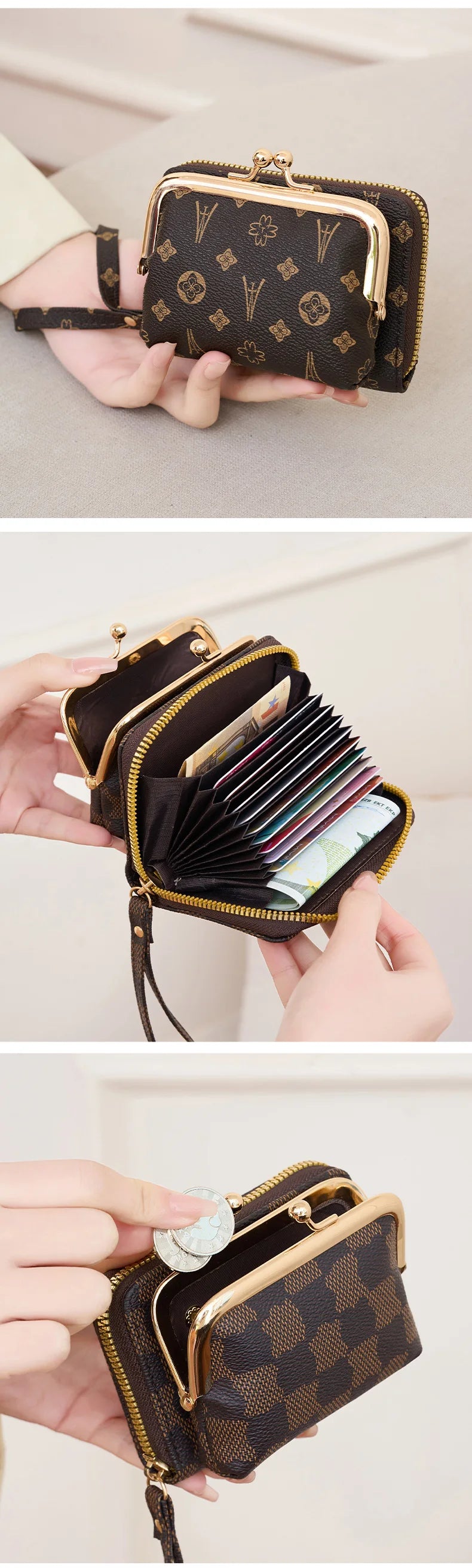 A close-up of a black leather accordion card holder wallet with gold accents and a subtle pattern, being held by a hand.