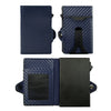A dark blue carbon fiber RFID pop-up card holder shown in three views.