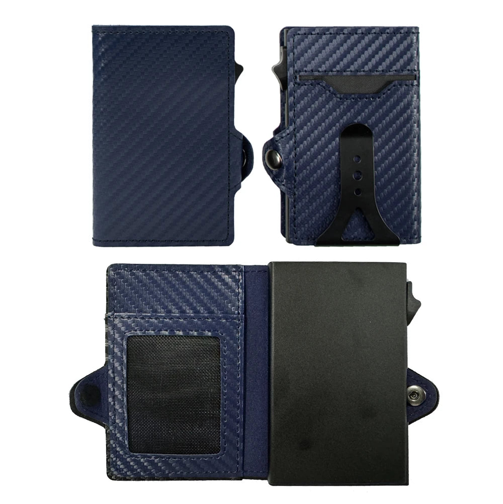 A dark blue carbon fiber RFID pop-up card holder shown in three views.