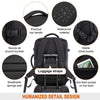 Black expandable travel backpack featuring various details like a top handle, waterproof material, and breathable sponge pad.