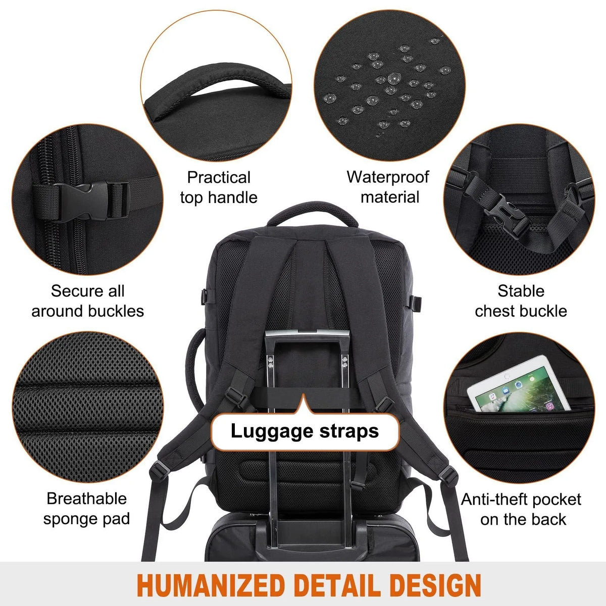 Black expandable travel backpack featuring various details like a top handle, waterproof material, and breathable sponge pad.