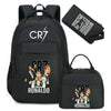 Black sports laptop backpack featuring Cristiano Ronaldo graphics and a separate rain cover.