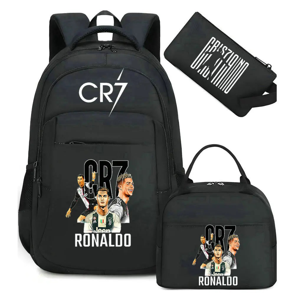 Black sports laptop backpack featuring Cristiano Ronaldo graphics and a separate rain cover.