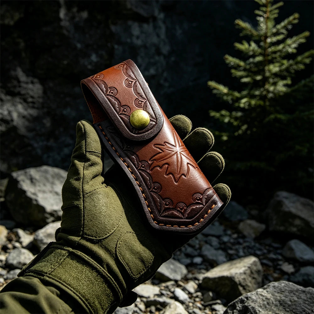 A hand wearing a green glove holds a brown leather knife sheath with a decorative pattern against a dark, rocky background.