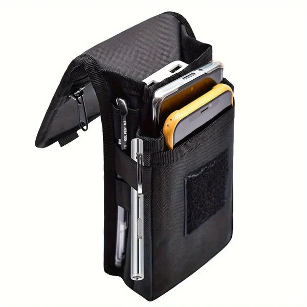 Black multi-functional phone pouch belt bag holding multiple smartphones and pens