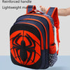 An orange and navy backpack featuring a reinforced handle and lightweight material with a spider design.