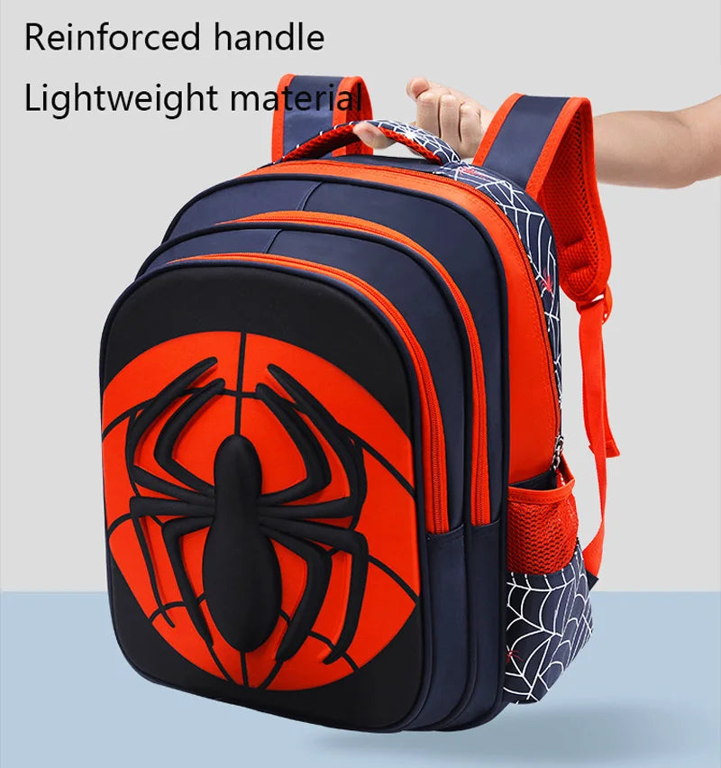 An orange and navy backpack featuring a reinforced handle and lightweight material with a spider design.