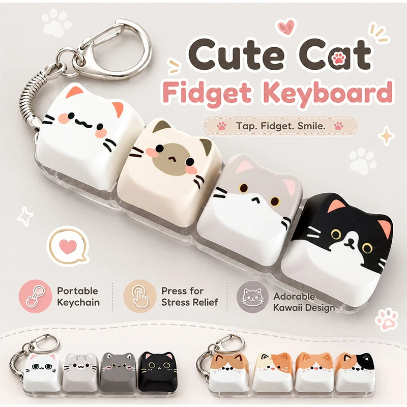 A set of cute cat fidget keyboard keycaps and bag charms featuring various cat faces in white, gray, and black.