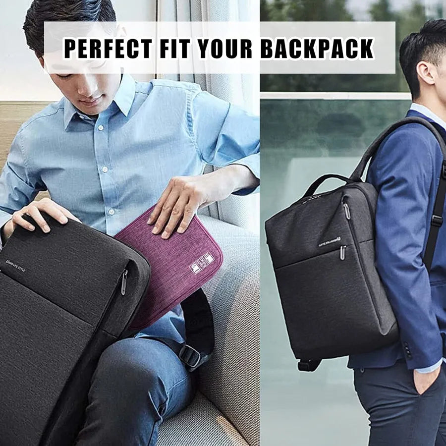 A man is fitting a black portable digital organizer storage pouch into his backpack.