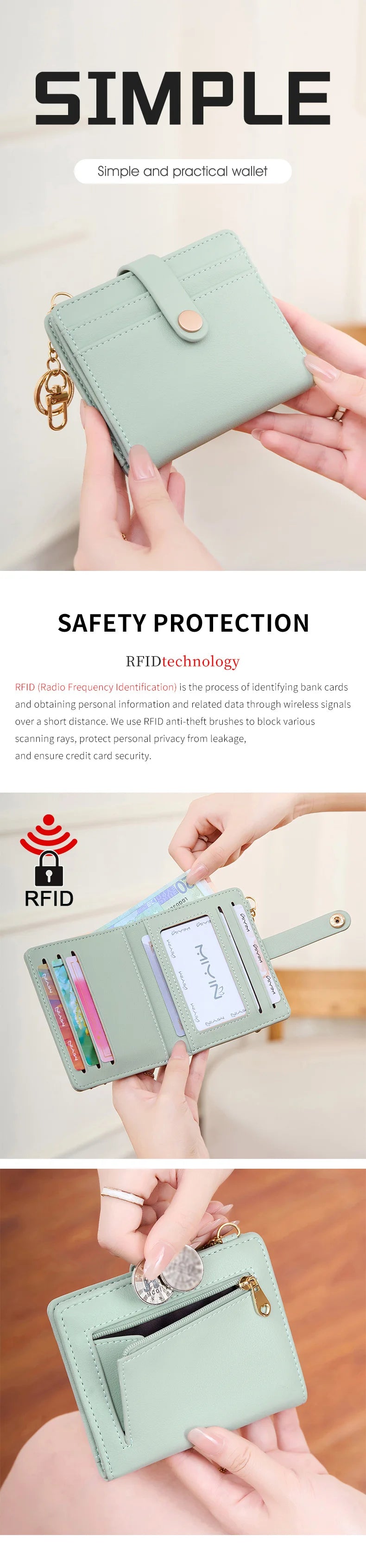 A light mint green minimalist wallet is shown being held by a hand, demonstrating RFID protection technology.