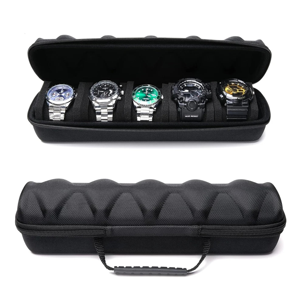 Black leather watch organizer travel case with six slots displaying various watches