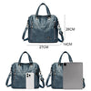 A dark blue leather crossbody backpack bag with a flap and multiple pockets, shown in profile view.
