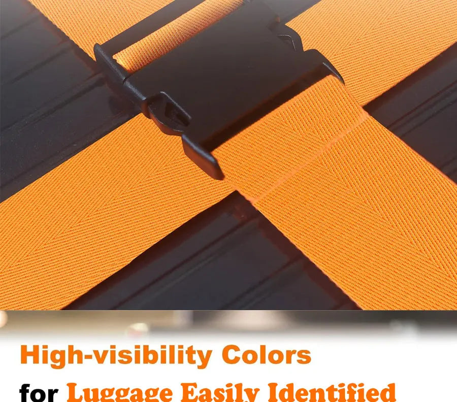 Close-up of orange and black high-visibility luggage identification straps being fastened.