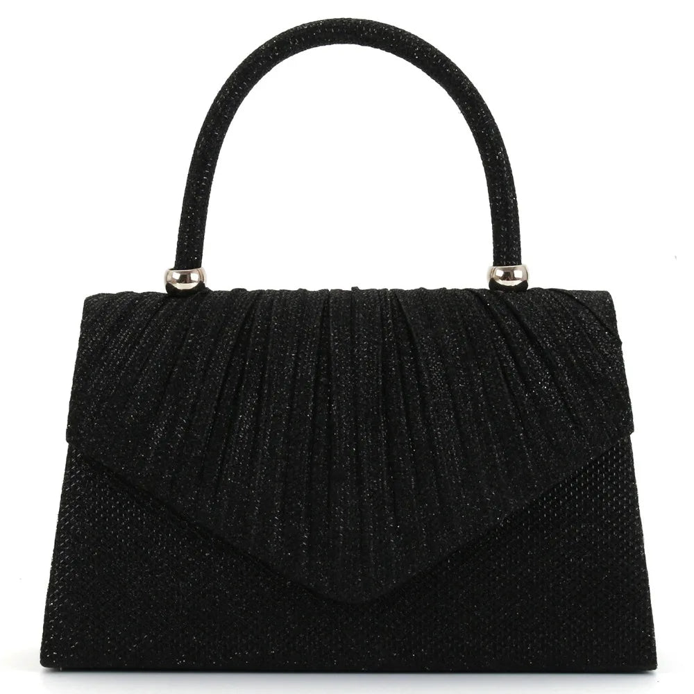 Black pleated lightweight crossbody evening bag with gold hardware