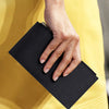 A hand holds a black RFID protection bi-fold wallet against a yellow garment.