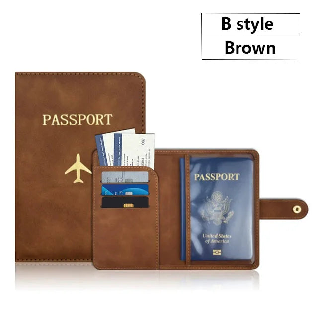Brown B style passport and ID holder cover with a leather wallet and passport inside