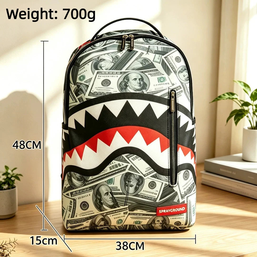 A black and white backpack featuring a design of US dollar bills and a stylized tooth pattern.