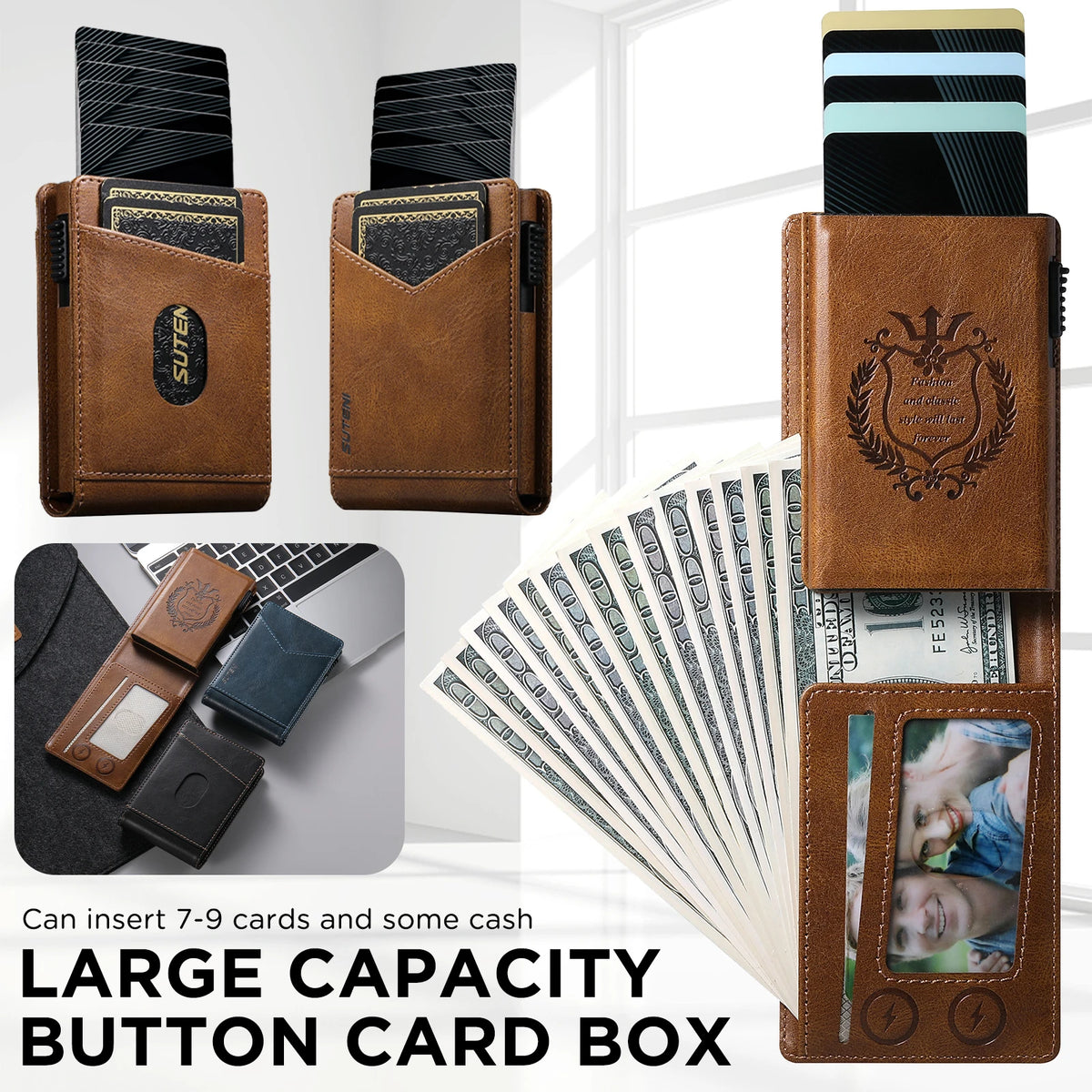 A brown leather button card box with multiple slots and a stack of cash and cards.