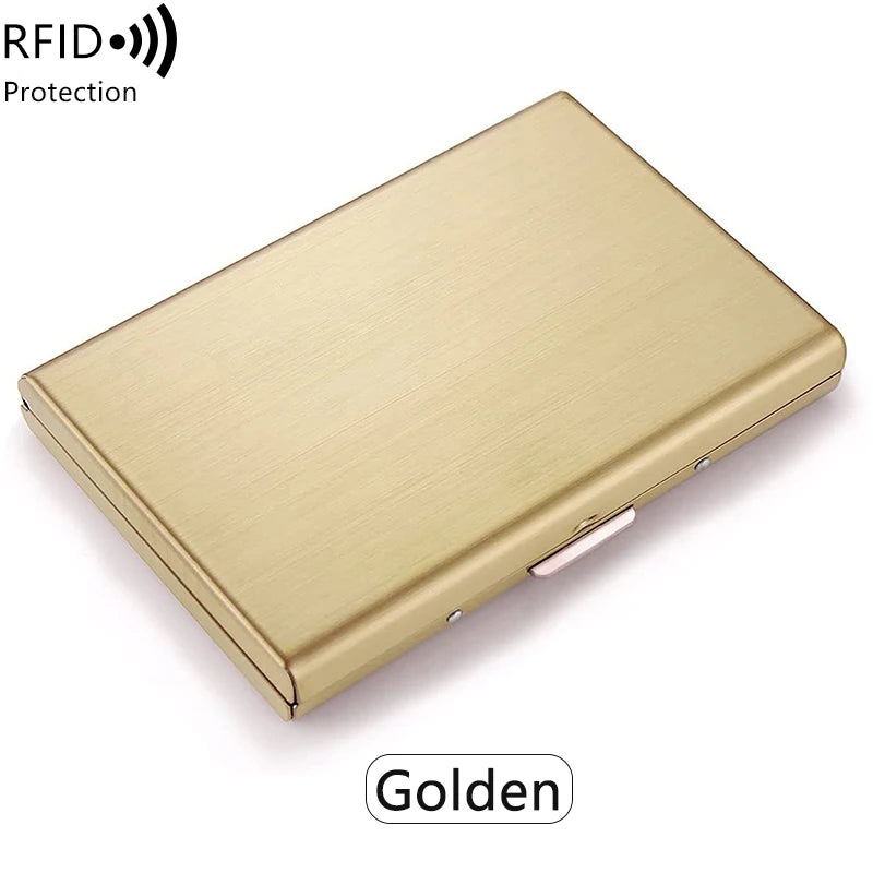 A golden stainless steel card holder with an RFID protection feature.