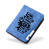 A blue PU leather wallet featuring a black cartoon print design.
