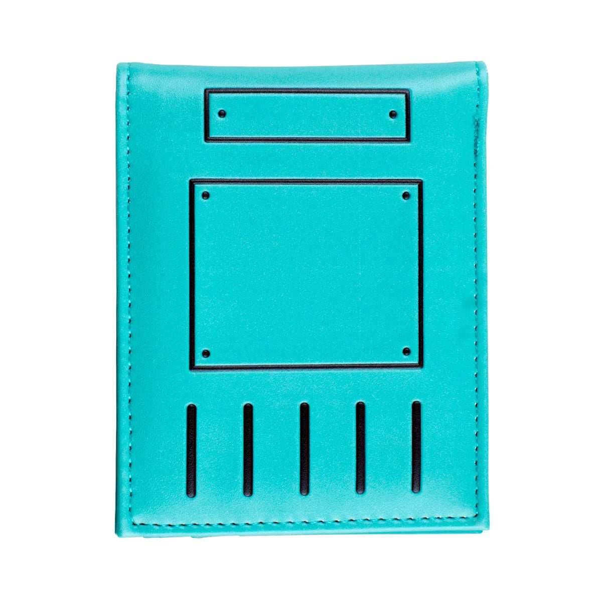 Cartera de cuero verde azulado con ranura rectangular para tarjetas y tres rendijas verticales en el borde inferior.