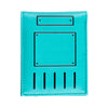 Cartera de cuero verde azulado con ranura rectangular para tarjeta y tres hendiduras verticales en el borde inferior.