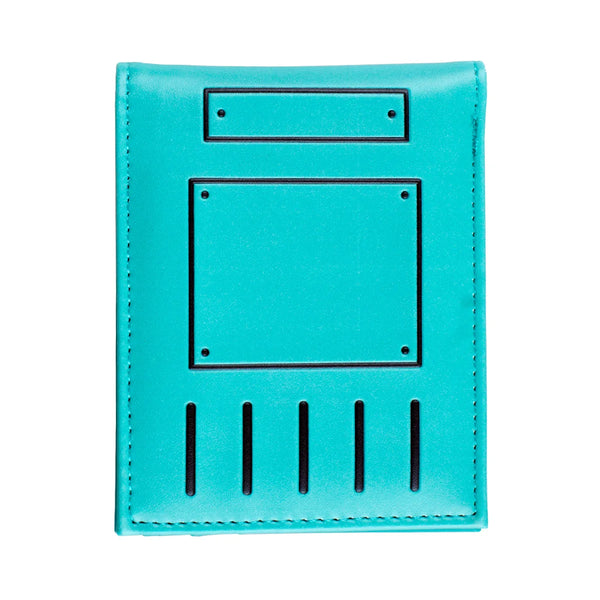 A teal leather wallet with a rectangular card slot and three vertical slits on the bottom edge.