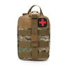 A tan tactical first aid kit with a camouflage pattern and a red cross insignia on the front.