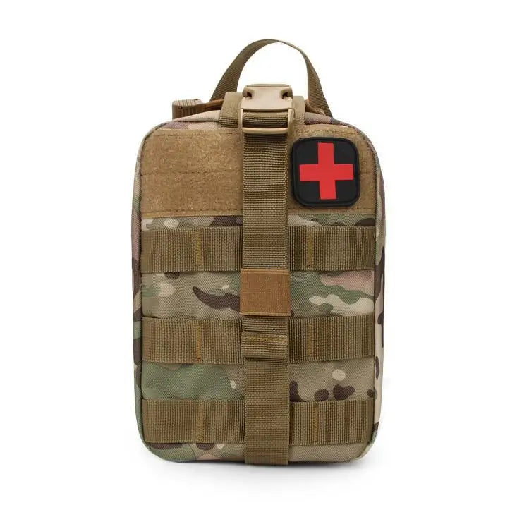 A tan tactical first aid kit with a camouflage pattern and a red cross insignia on the front.