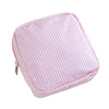 Pink striped multi-functional storage pouch with a zipper.