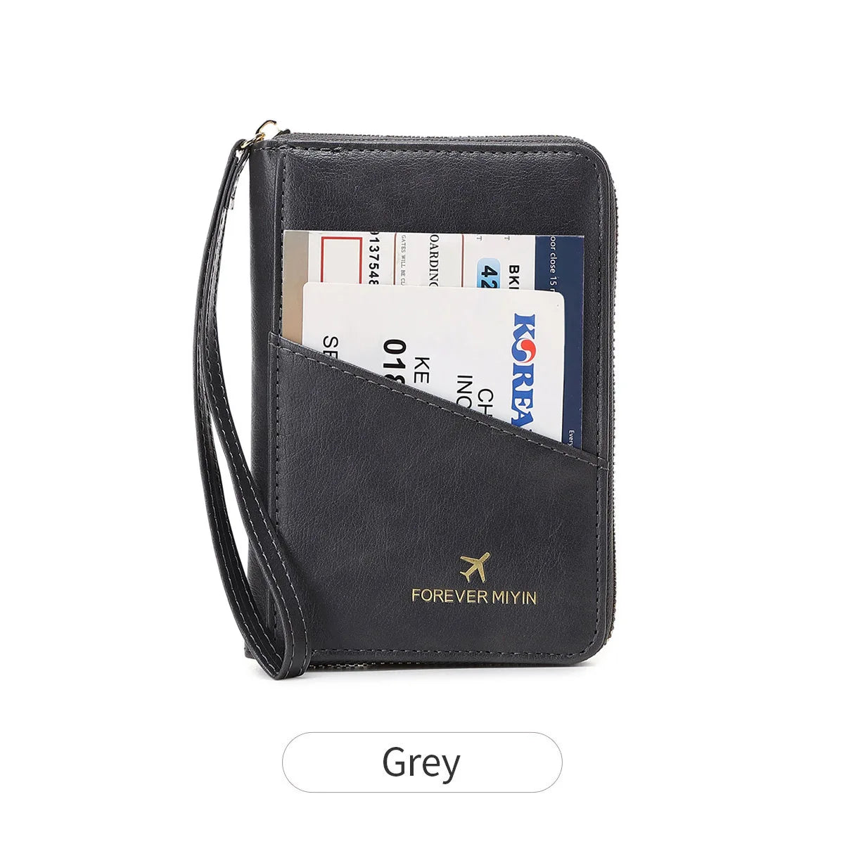 A black RFID-blocking passport wallet with a zipper closure, showing various identification cards inside.
