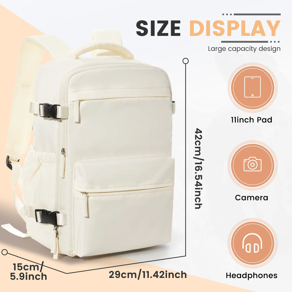A cream-colored travel compression backpack displayed with size measurements and features like a 11 inch pad, camera sleeve, 