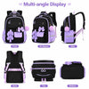 A multi-angle display of a black and purple nylon school backpack set for girls showing front, side, back, top, and bottom vi