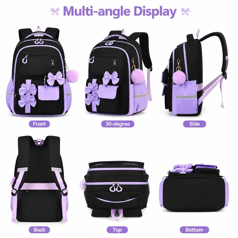 A multi-angle display of a black and purple nylon school backpack set for girls showing front, side, back, top, and bottom vi