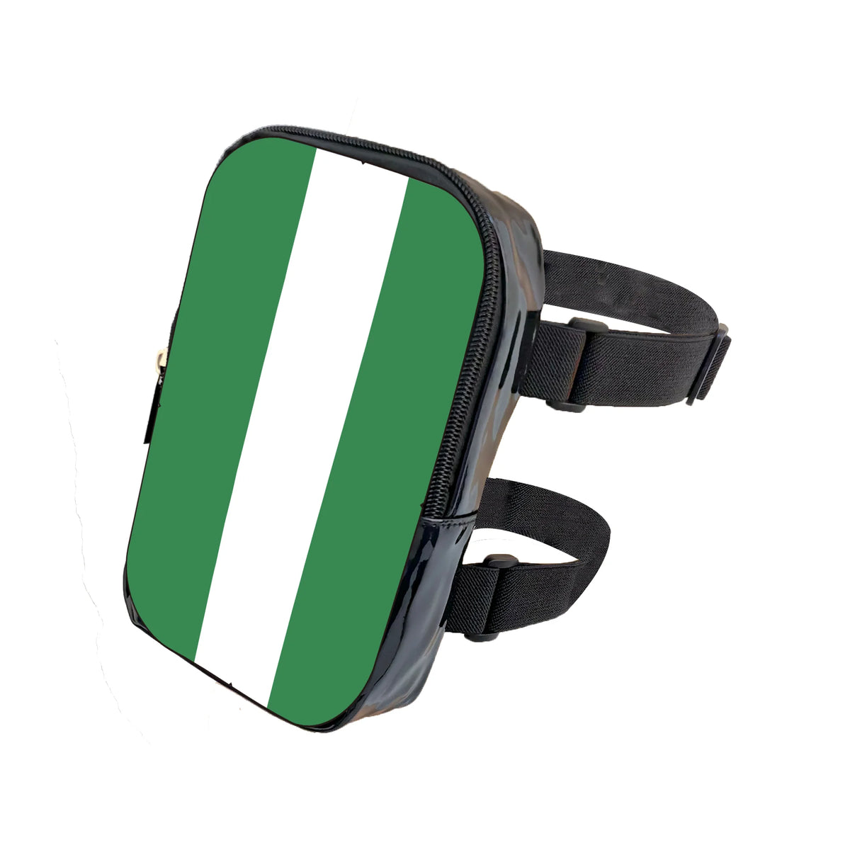 A black adjustable PU waist pouch featuring a vertical green and white stripe design.