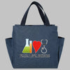 Bolsa de almuerzo de lona azul oscuro con diseño de corazón rojo y estetoscopio y el texto Peace Love Nursing