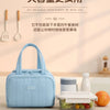 Una bolsa térmica acolchada azul claro junto a un recipiente de plástico transparente lleno de fruta fresca.